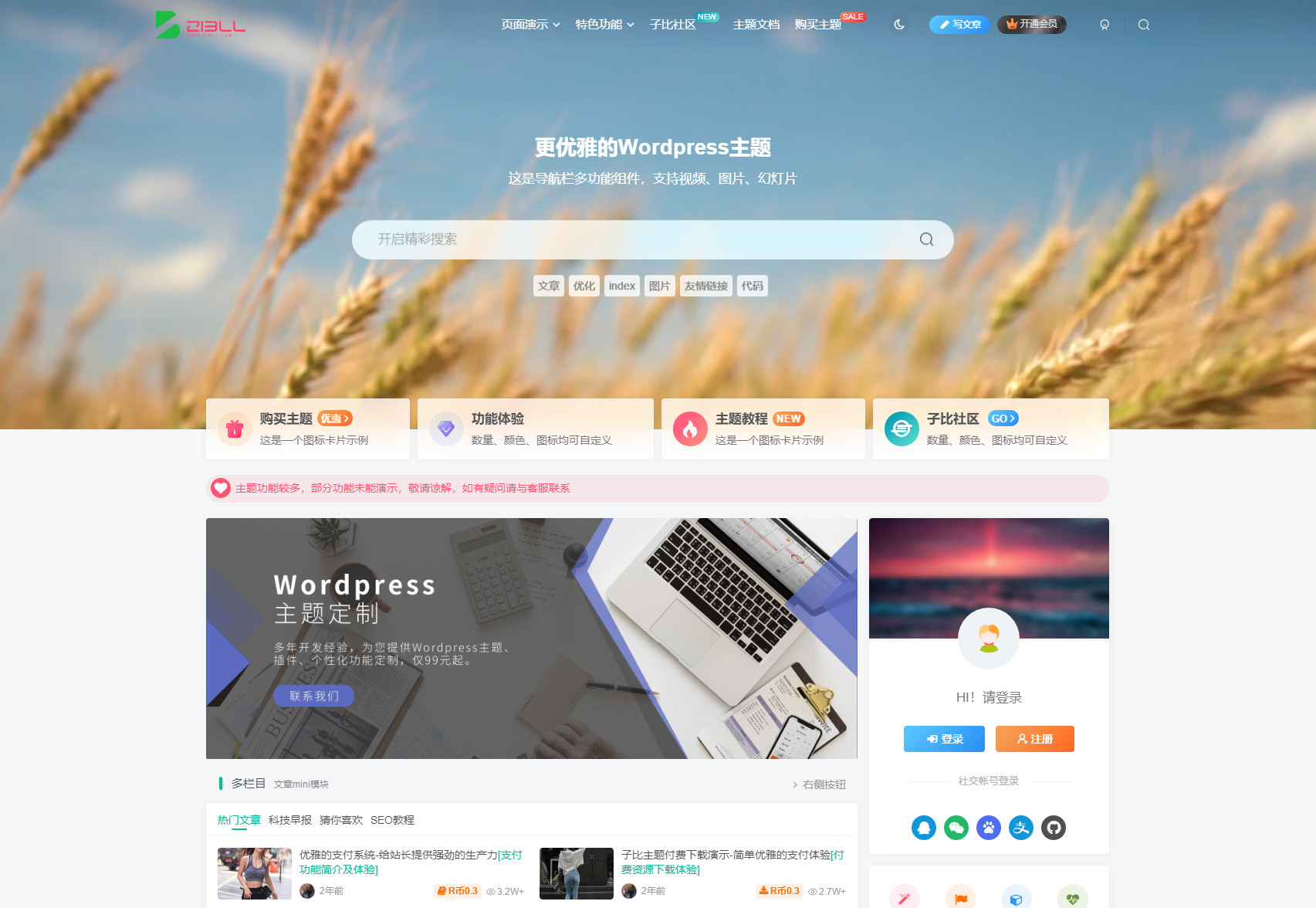 WP主题Zibll主题开心版付费阅读付费下载付费视频子比主题破解版WordPress模板