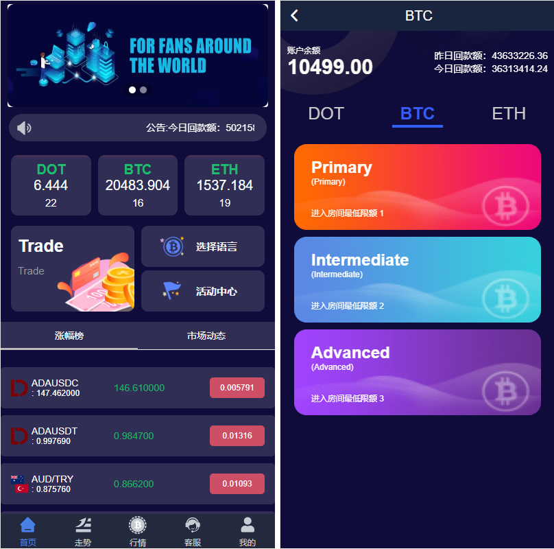 中文微盘交易系统微P微交易平台BTC价格走势货币行情买涨买跌USDT管理TP框架源码LOOKL