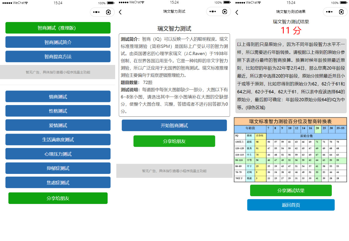 心理测试小程序智力测试情商测试性格测试爱情测试心理压力测试自带流量主源码