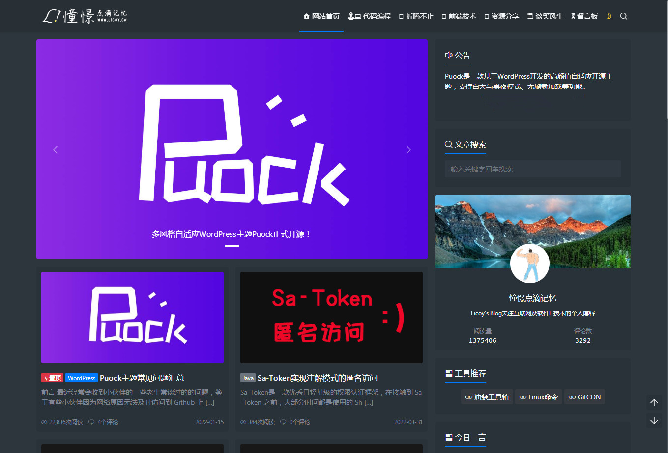 WP高颜值多布局主题白天暗夜无刷新加载博客风格cms风格企业风格WordPress模板puock