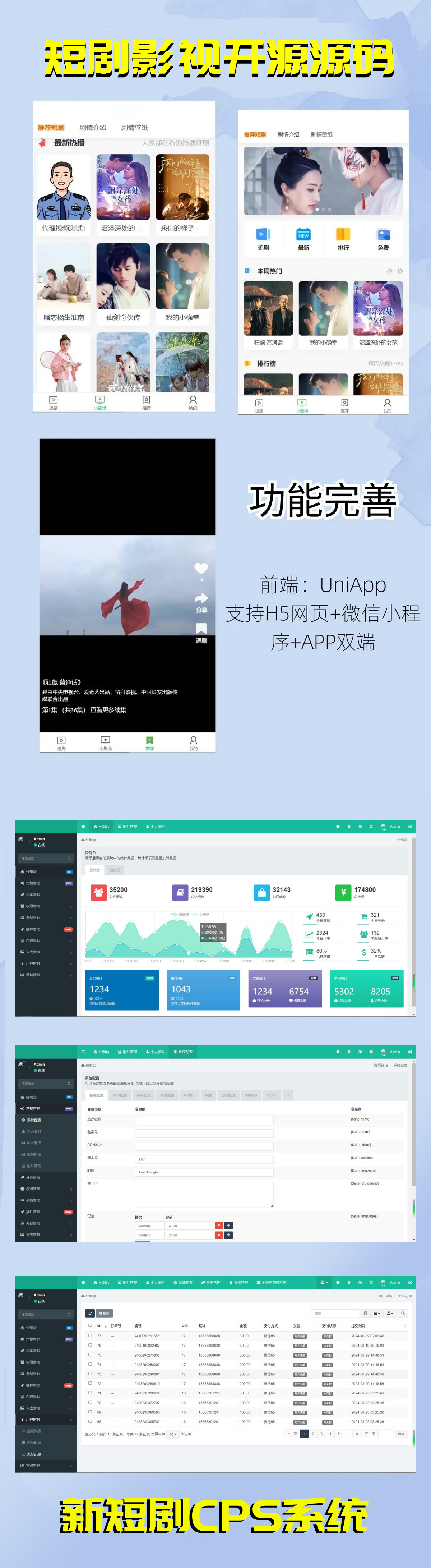 H5影视短剧CPS系统会员模式单剧购买视频预览剧情介绍集合壁纸UniApp多端源码TP框架