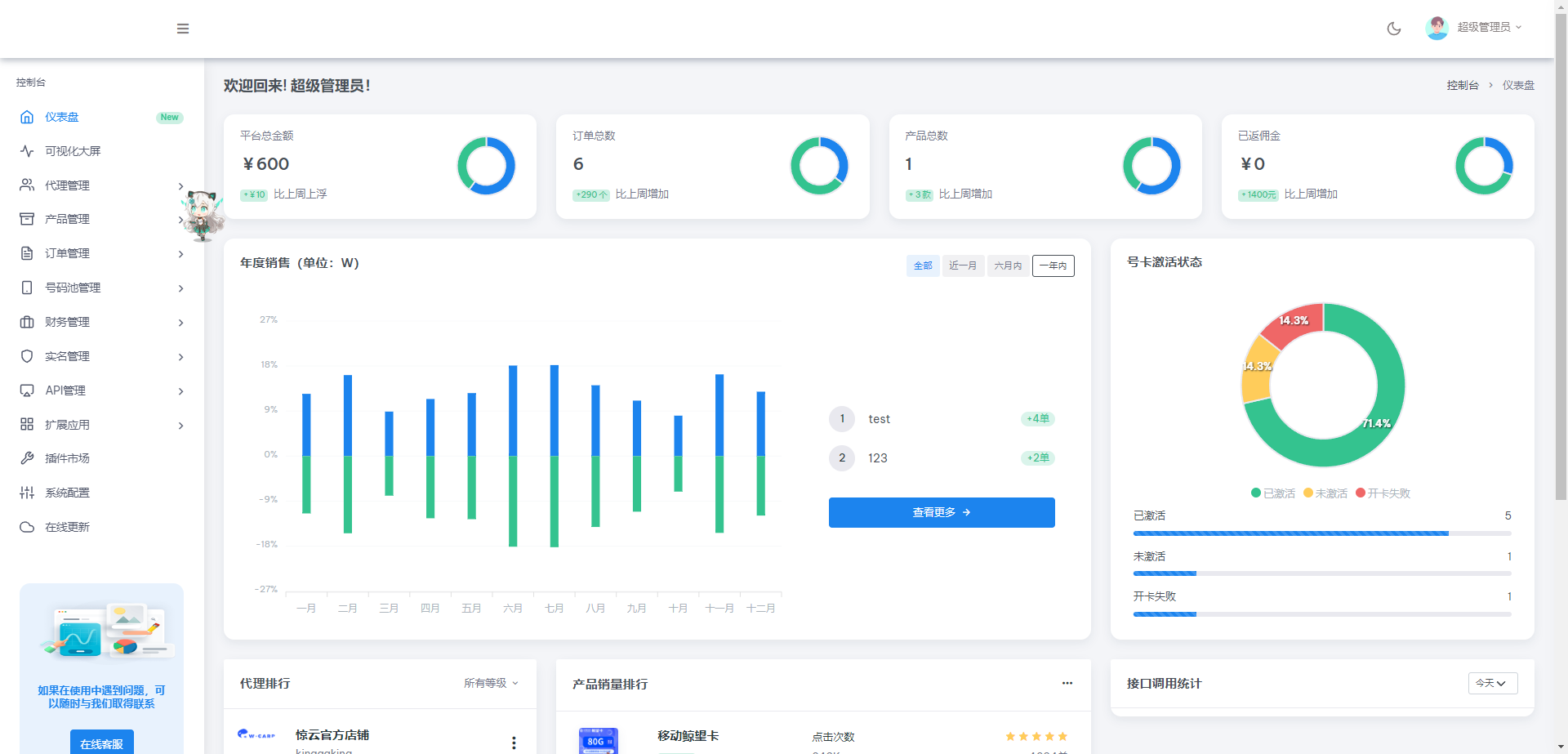 号卡分销管理系统多功能多接口三大运营商无限三级代理数据大屏自适应PHP源码惊云